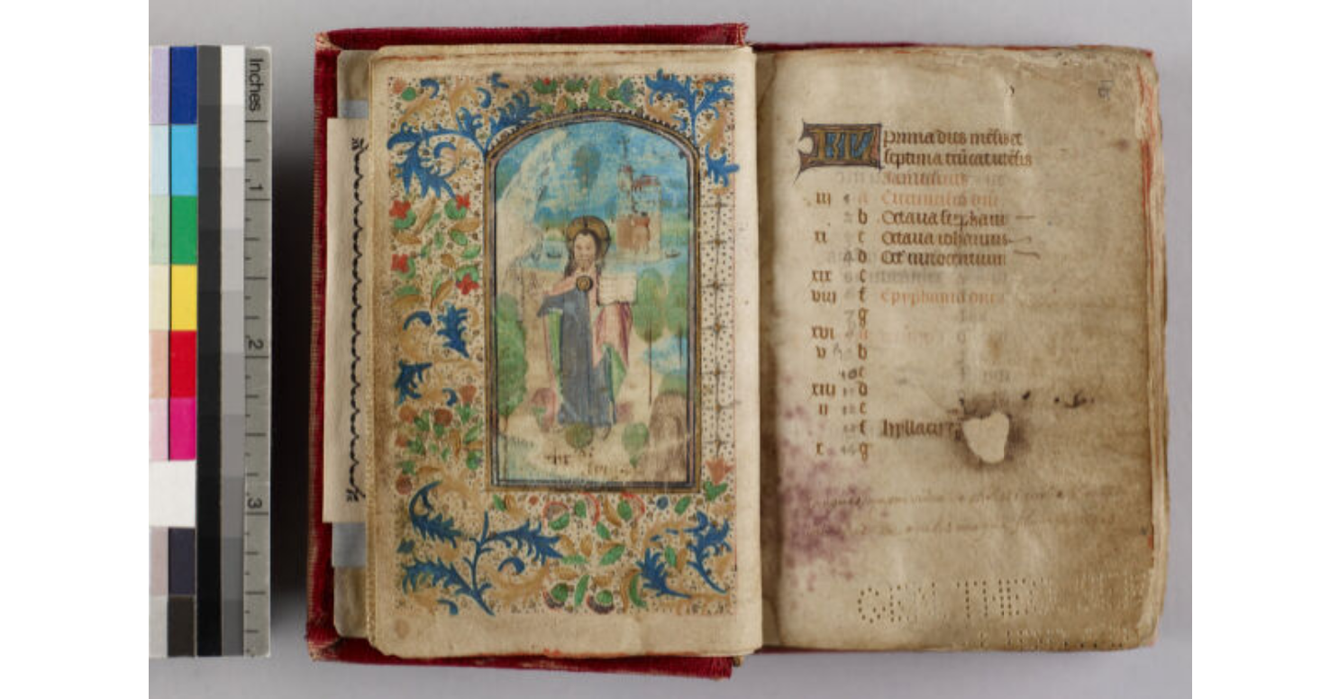Opening page of the manuscript Book of Hours with a miniature and the beginning of the calendar.