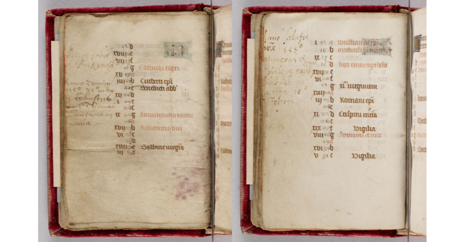Calendar annotations recording Cranmer, Ridley, and Latimer in the manuscript Book of Hours.